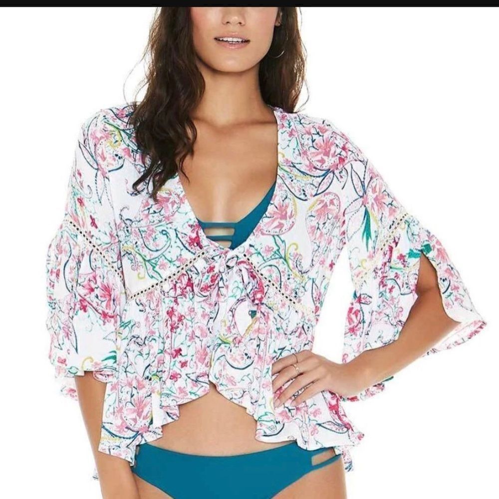 L*Space Lilly Tie Front Floral Bell Sleeve Cover Up Cropped Top